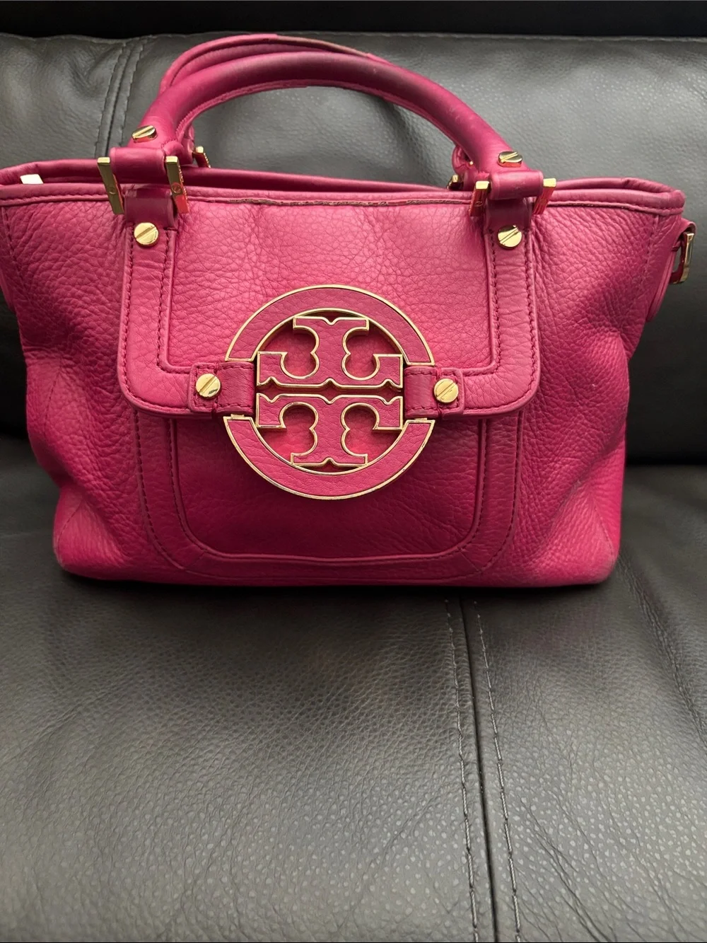 Tory Burch Fuchsia Pebble Leather Small Satchel with Gold Logo